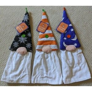 NWT Set of 3 Best Brands Halloween Gnome Kitchen Towel Wizard Striped Spider Web
